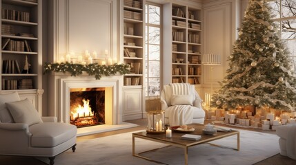 Interior of decorated living room with Christmas tree and comfortable sofa for family comeliness