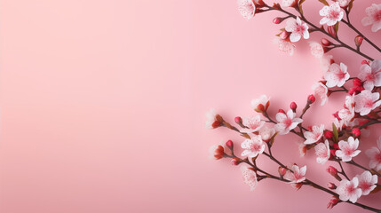 Horizontal banner with cherry pink and white blossoms on light pink background in flat lay style. Close up blooming sakura branches. Spring floral background with copy space for text. 