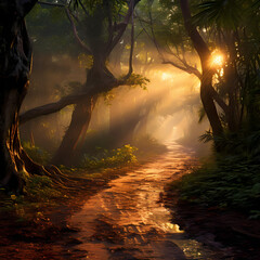 A sunlit path leading through a mystical forest
