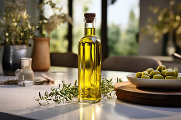 Olive oil in glass container on kitchen table. Generative AI.