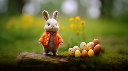 Cute Easter Bunny Toy standing in nature in style of puppet animation. Hand-made dressed Bunny Doll in orange sweater with Easter Eggs and Yellow Flowers in Backdrop. Happy Easter Concept for Card