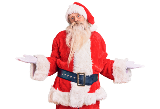 Old senior man with grey hair and long beard wearing traditional santa claus costume clueless and confused with open arms, no idea concept.