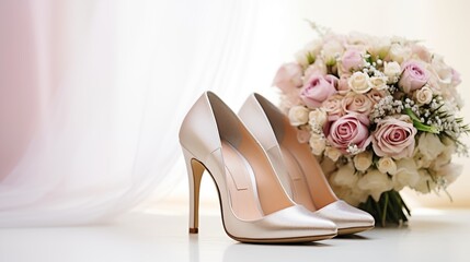 The bride's shoes, complemented by a stunning bridal bouquet, form a harmonious blend that enhances the overall beauty of her wedding ensemble, adding elegance to the celebration.