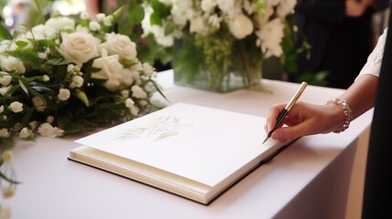 Guests engage in signing a guestbook or expressing heartfelt well-wishes for the couple, contributing to the joy and creating lasting memories of the celebration. - obrazy, fototapety, plakaty