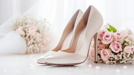 The bride's shoes and bouquet form a picturesque combination, enhancing her wedding ensemble with grace and elegance, creating a beautiful and memorable celebration.
