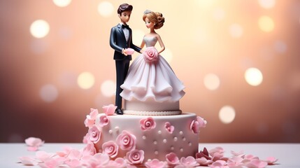 The incredibly romantic and impressively warm wedding celebration, a stunningly beautiful cake adorned with bride and groom figurines captivates with its charm and sweetness.