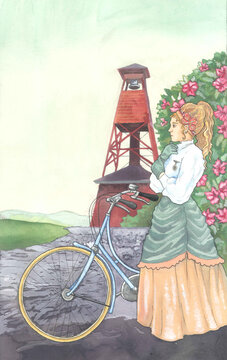 Young Beautiful Victorian Era Woman And Bicycle With Belltower And Flowers