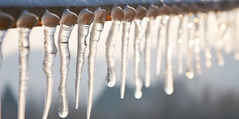 A Closeup Shot of Icicles on a Roof with Blurred Background

