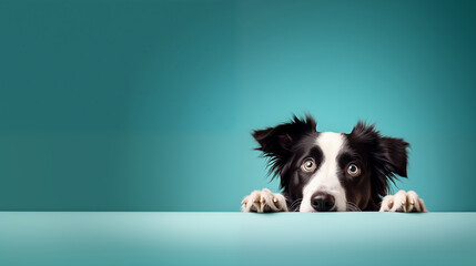 Black and White Coated Border Collie is Waiting and Begging for Food on Blue Background. Horizontal Banner with a funny dog looking up with space for text. For Advertisement, Poster, Banner, Postcard - obrazy, fototapety, plakaty