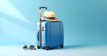 Blue suitcase with sun glasses, hat and camera on pastel blue background. travel concept minimal.