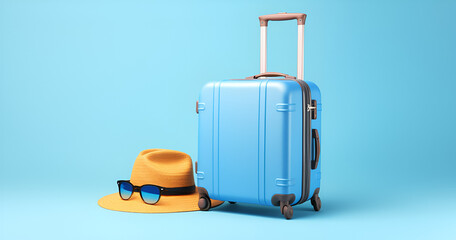 Blue suitcase with sun glasses, hat and camera on pastel blue background. travel concept minimal.
