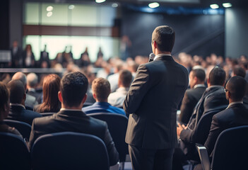 Back view of Man in business suit giving a speech on the stage in front of the audience - obrazy, fototapety, plakaty