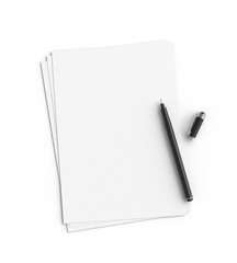 Empty white papers with pen on white background
