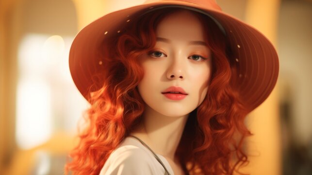 Photorealistic Teen Chinese Woman with Red Curly Hair Vintage Illustration. Portrait of a person wearing hat, retro 20s movie style. Retro fashion. Ai Generated Horizontal Illustration.