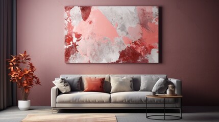 world of abstract art with a stunning combination of coral and burgundy on a textured concrete backdrop.