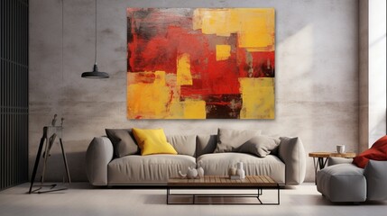  allure of a harmonious blend of yellow, burgundy, and fiery red on a timeworn concrete wall, an abstract vision to behold.