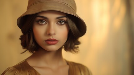 Photorealistic Teen Indian Woman with Brown Straight Hair Vintage Illustration. Portrait of a person wearing hat, retro 20s movie style. Retro fashion. Ai Generated Horizontal Illustration.