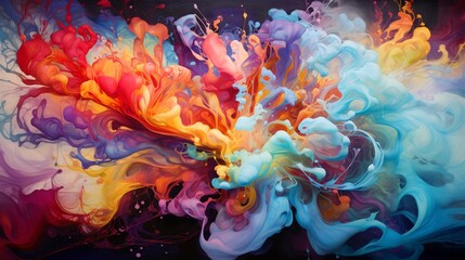  a world of vibrant chaos as multicolored fluid paint dances across the canvas, creating an explosion of creativity and color.