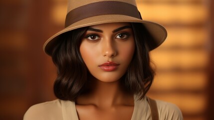 Photorealistic Teen Indian Woman with Brown Straight Hair Vintage Illustration. Portrait of a person wearing hat, retro 20s movie style. Retro fashion. Ai Generated Horizontal Illustration.