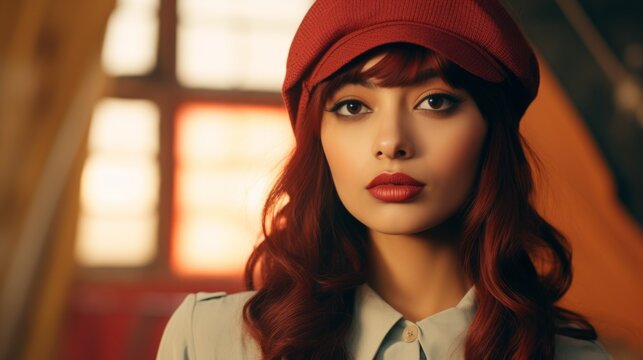 Photorealistic Teen Indian Woman with Red Straight Hair Vintage Illustration. Portrait of a person wearing hat, retro 20s movie style. Retro fashion. Ai Generated Horizontal Illustration.