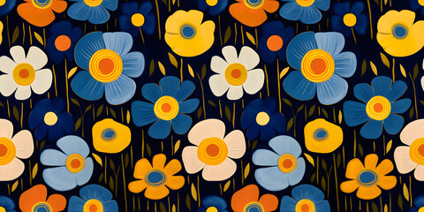 Seamless Floral Pattern with simple colorful flowers on black background. Repeating Background in painting style. For graphic design, print, card, paper, wallpaper, postcard, poster, cover