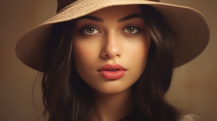 Photorealistic Teen Latino Woman with Brown Straight Hair Vintage Illustration. Portrait of a person wearing hat, retro 20s movie style. Retro fashion. Ai Generated Horizontal Illustration.