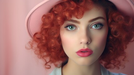 Naklejka premium Photorealistic Teen Persian Woman with Pink Curly Hair Vintage Illustration. Portrait of a person wearing hat, retro 20s movie style. Retro fashion. Ai Generated Horizontal Illustration.