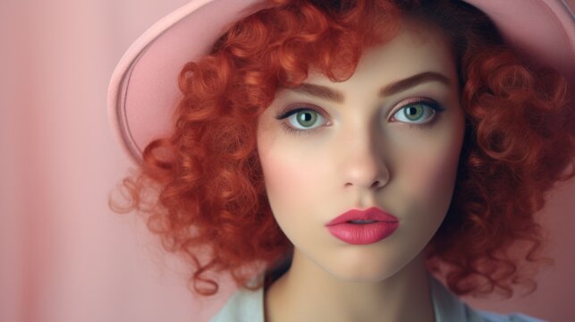 Photorealistic Teen Persian Woman with Pink Curly Hair Vintage Illustration. Portrait of a person wearing hat, retro 20s movie style. Retro fashion. Ai Generated Horizontal Illustration.