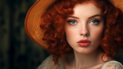 Fototapeta premium Photorealistic Teen Persian Woman with Red Curly Hair Vintage Illustration. Portrait of a person wearing hat, retro 20s movie style. Retro fashion. Ai Generated Horizontal Illustration.