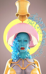 photo female model in a big yellow hat, polka dots, avant-garde makeup , body marked only by thin golden lines, 3d rendering, photo, poster, painting, illustration, portrait photography, dark fantasy,