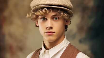 Photorealistic Teen White Man with Blond Curly Hair Vintage Illustration. Portrait of a person wearing hat, retro 20s movie style. Retro fashion. Ai Generated Horizontal Illustration.