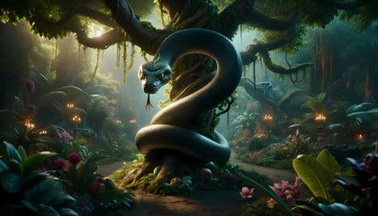 Genesis Serpent: Temptation in the Garden of Eden - obrazy, fototapety, plakaty