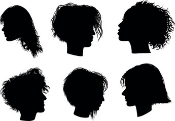 Vector Woman hairstyle silhouette set . black Illustration hairstyles for girls in various themes. Hand drawn collection V10 - obrazy, fototapety, plakaty