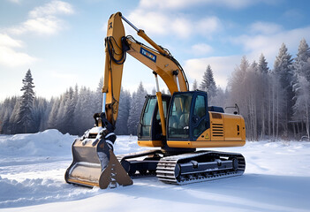Construction site crawler excavator stands in a winter scenery. 