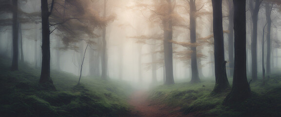 Ethereal Woods: Mysterious Morning Mist in the Dark Forest