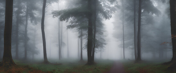 Fototapeta na wymiar Fantasy Fog: Spooky Atmosphere in the Autumn Forest