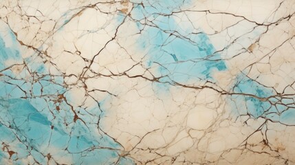 Beige Marble with Turquoise Horizontal Background. Abstract stone texture with Veins and cracks. Bright natural material aged cracked surface. AI Generated photorealistic Illustration.