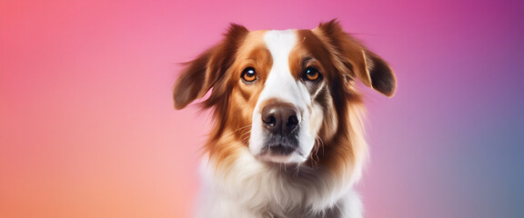 Adorable Pup: Expressive Border Collie in a Joyful Studio Setting on a Vibrant Pink Background