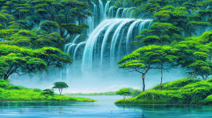 Painting of high cascading waterfalls in a remote tropical jungle - flowing river with crystal clear blue water, lush green vegetation and trees - scenic otherworldly beauty paradise.  