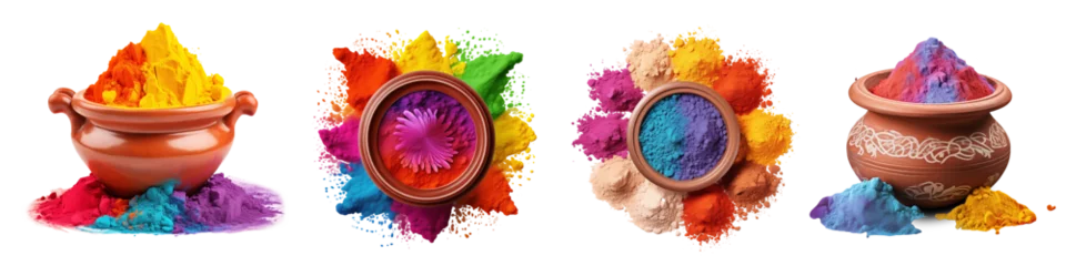 Deurstickers Holi colors or powder in traditional pot isolated on transparent background. Generative AI © SRITE KHATUN
