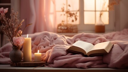Fototapeta na wymiar Open Bible in cozy pink winter home morning atmosphere