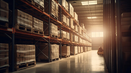 Retail warehouse full of shelves with goods in cartons, with pallets and forklifts. Logistics and transportation blurred background. Product distribution center. Warehouse concept. Delivery concept. - obrazy, fototapety, plakaty