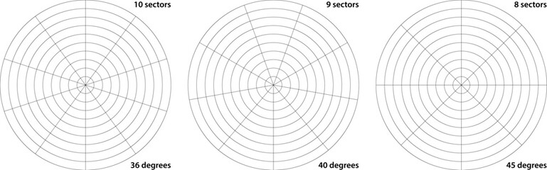 Polar grid divided into radial degree 10, 9 and 8 sectors and concentric circles. Protractor or geometry angle ruler. Device gauge or radar coordinate screen