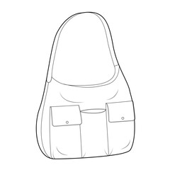 Multi-Compartment Bag with front pockets hobo silhouette. Fashion accessory technical illustration. Vector satchel front 3-4 view for Men, women style, flat handbag CAD mockup sketch outline isolated