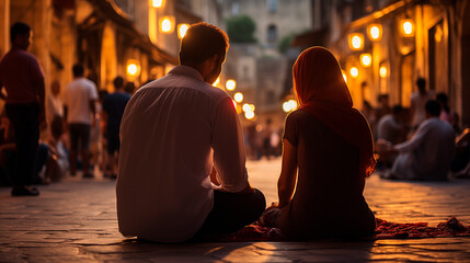 Young Muslim couple praying night street Islamic tradition sharing the religious culture of Ramadan 