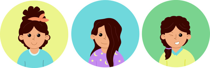 vector illustration of a girl with brown hair, different emotions, simple, colorful, for account, social networks, work