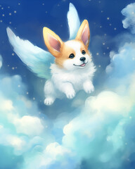 Cute angel dog with wings on a cloud in heaven. Cute little fluffy welsh corgi puppy. All dogs go to heaven. Memorial concept