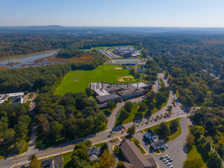 Fototapeta na wymiar Thurston Middle School aerial view at 850 High Street at fall in historic town center of Westwood, Massachusetts MA, USA. 
