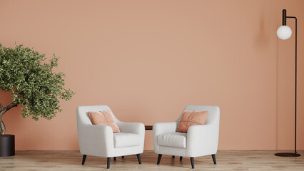 Peach fuzz trend color year 2024 in the premium livingroom. Painted mockup wall for art - peach pastel beige warm colour. Modern room design interior lounge. Accent premium white chairs. 3d render 