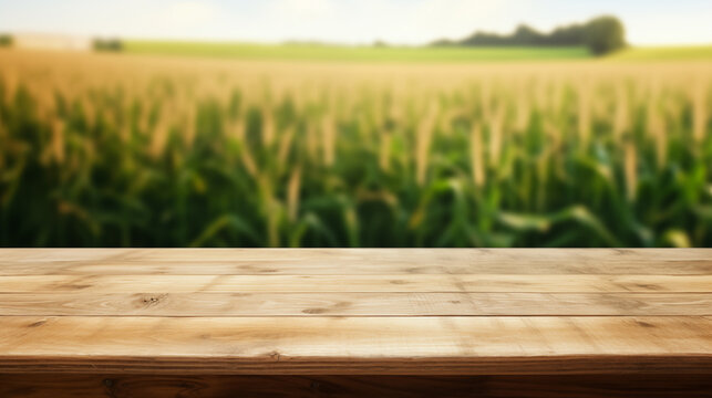  Corn field wooden brown table top with blur background of corn field. Exuberant image.
